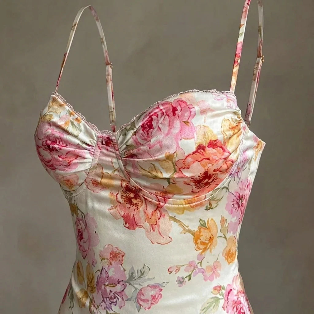 Roselle Floral Satin Slip Dress with Corset-Style Bust